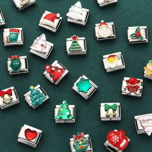 Italian modular Christmas stainless steel bracelet charms with Santa and tree motifs