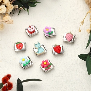 Link Charm Italiano in Acciaio Inossidabile per Bracciale Fai-da-te Carino Smalto Gatto Fragola Fiore Mela Cuore Motivo Strass Accessori Gioielli