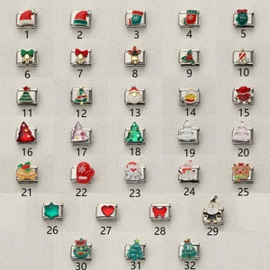 32 Christmas themed Italian charm links in stainless steel with enamel holiday designs