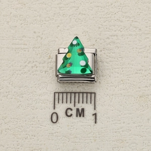 Italian charm bracelet module featuring a green Christmas tree on stainless steel
