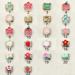Charm modulari italiani in acciaio inossidabile con disegni di fragole, gatti e fiori