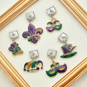 Italian charms set with Mardi Gras mask and fleur-de-lis in purple, green and gold