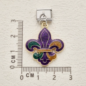 Fleur-de-lis charm with purple, green, and gold glitter for DIY stainless steel bracelets