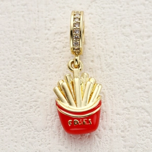 Gold-plated French Fries food charm with red enamel and zircon-inlaid hanging loop