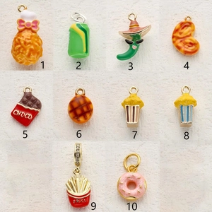 Set of 10 food-themed copper alloy charms including donut, chocolate, and fries for DIY jewelry