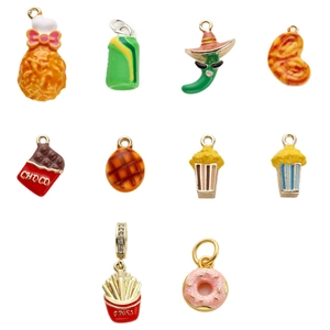 10-piece food-themed charm set including fries and donuts with colorful enamel finish