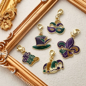 5-piece Mardi Gras charm set with lobster clasp in gold, purple, and green glitter finish