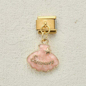Italian charm link with pink shell enamel and Summer engraving in gold finish