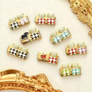 Bracciale a Maglie con Ciondolo a Forma di Orso in Acciaio Inossidabile Smaltato a Scacchi Foglia di Ginkgo Placcato Oro Accessori per Gioielli Fai da Te