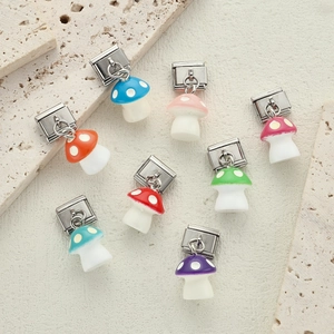 Set of 8 colorful resin mushroom charms with stainless steel links for DIY jewelry making