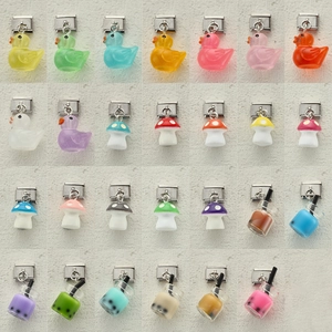 Italian charm bracelet links featuring cute resin duck mushroom and milk tea pendants