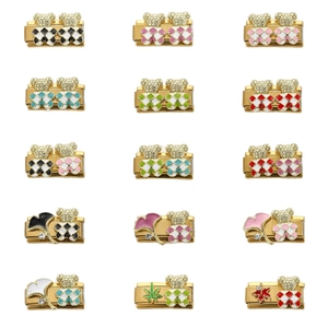 Maglie per bracciale charm italiano con orsetti smaltati colorati e foglie di cristallo