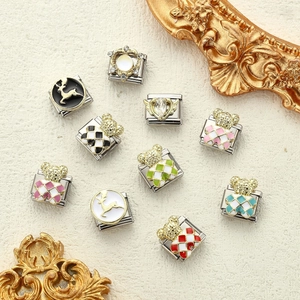 Set de charms italiens avec oursons et élans sur bracelet DIY en acier inoxydable