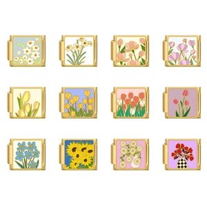 Italian Charm Links Stainless Steel Gold Plated Enamel Flower Pattern DIY Modular Bracelet Accessories For Women Jewelry