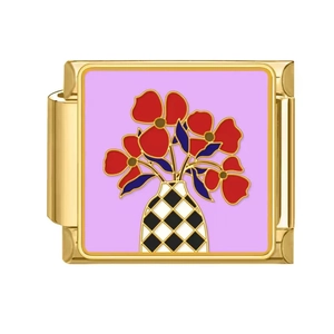 Macro shot of Italian charm link featuring checkered flower vase on purple enamel