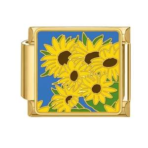 Italian modular charm in gold stainless steel with bright sunflower enamel design