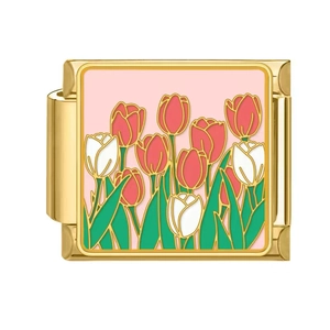 Italian charm link featuring a golden finish and enamel tulip design for DIY bracelets