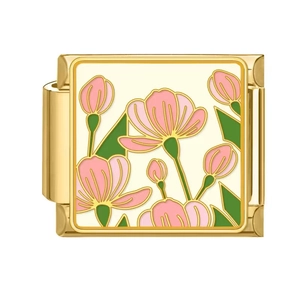 Italian charm link featuring a golden stainless steel frame with pink enamel flower petals