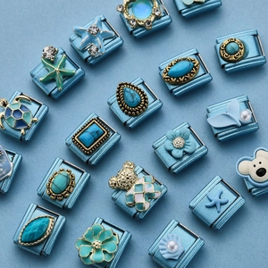 Stainless Steel Italian Charm Links Light Blue Marine Series Starfish Sea Turtle Enamel Modular DIY Bracelet Accessories Jewelry