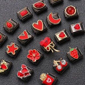 Vintage Italian Style Stainless Steel Bracelet Charm Link Heart Star Moon Strawberry Design Black Red DIY Jewelry Charms