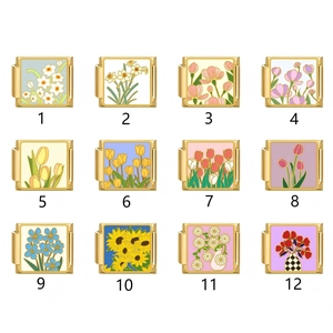 Italian modular charm bracelet links with diverse floral enamel patterns in gold frames