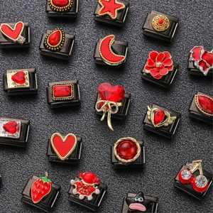 Italian charms in black stainless steel with red enamel hearts and crystal stars