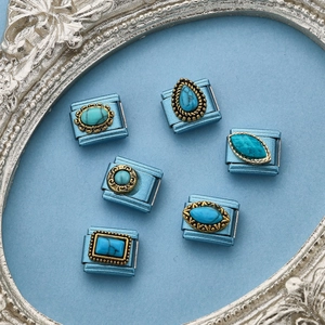Italian charms with blue stone inlays and gold-tone vintage frames for DIY bracelets
