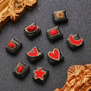 Italian charm links in black and red enamel with heart, star and moon DIY motifs