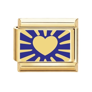 Charm per bracciale DIY in acciaio dorato con cuore in smalto blu e motivo a raggi