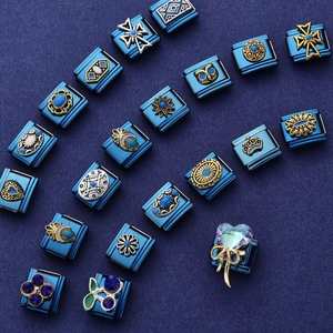 Vintage Blue Stainless Steel Italian Charm Links For DIY Bracelet Retro Cross Owl Heart Crown Rhinestone Modular Jewelry Accessory