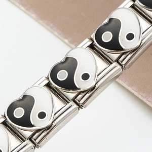 Bracelet modulaire italien en acier inoxydable avec breloque cœur yin yang élégant