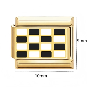 Charm modulare italiano dorato 10mm con motivo a scacchi bianco e nero per bracciale DIY