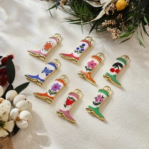 Set of 8 vintage enamel boot pendants with floral and heart patterns for DIY jewelry making