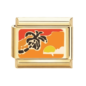 Maglia per bracciale in acciaio inossidabile dorato con smalto isola tropicale palma e tramonto