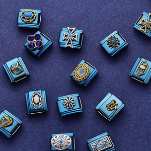 Vintage deep blue Italian modular charms in stainless steel with cross and clover designs
