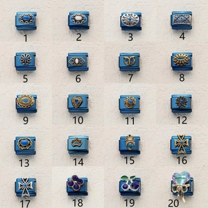 Italian charms collection in dark blue stainless steel with retro patterns and crystal inlays