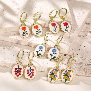 Vintage Enamel Oval Drop Earrings Gold Plated Copper Floral Fruit Cat Heart Bow Pattern Cute Pastoral Jewelry For Women