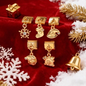 Ciondolo Italiano Natalizio in Acciaio Inossidabile Oro per Creazione Bracciali DIY Babbo Natale Fiocco di Neve Albero Strass Gioielli