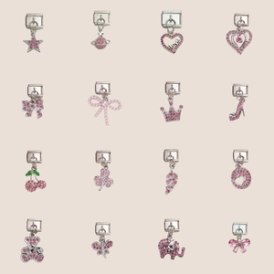 Pink rhinestone Italian charm links set with star heart bow and butterfly designs