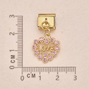Colgante de corazón LOVE con cristales rosas para pulseras modulares oro