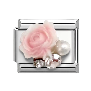 Italian charm link with pink rose flower, pearl, and crystals for DIY charm bracelets