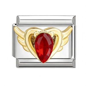 Detail of modular bracelet link with gold heart wings and red pear-shaped gemstone
