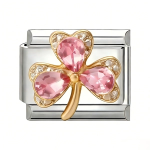 Italian modular charm featuring a pink clover with gold edges on stainless steel base