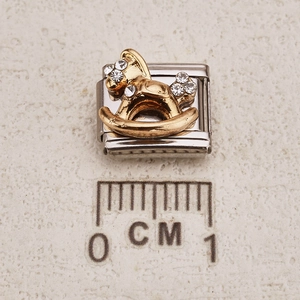 Modulo per bracciale italiano con cavallo a dondolo dorato e cristalli in acciaio inox