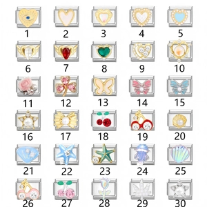 30 styles of stainless steel Italian charm links with heart and cherry charms on white