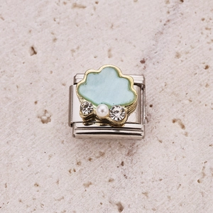 Italian charm link featuring light blue enamel cloud with pearls and rhinestones