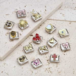 Italian modular charm link collection with floral, heart and crystal designs for DIY bracelets