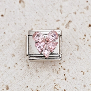 Italian charm link with pink gemstone flower design in polished stainless steel base
