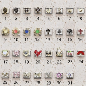 Italian modular charm selection with 31 unique heart, flower and crystal designs for DIY bracelets