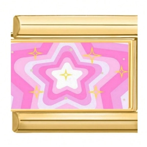 Maglia charm italiana con motivo a stella retrò rosa e viola su base in acciaio dorato